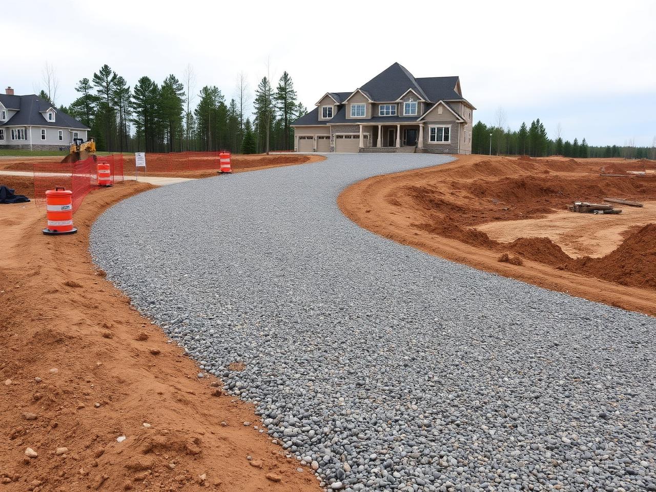 Newly graded gravel driveway leading to a new home