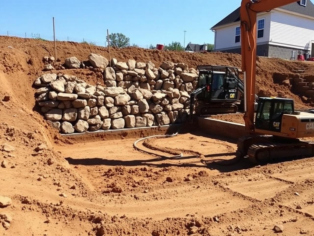 Excavated foundation pad with boulder retaining wall