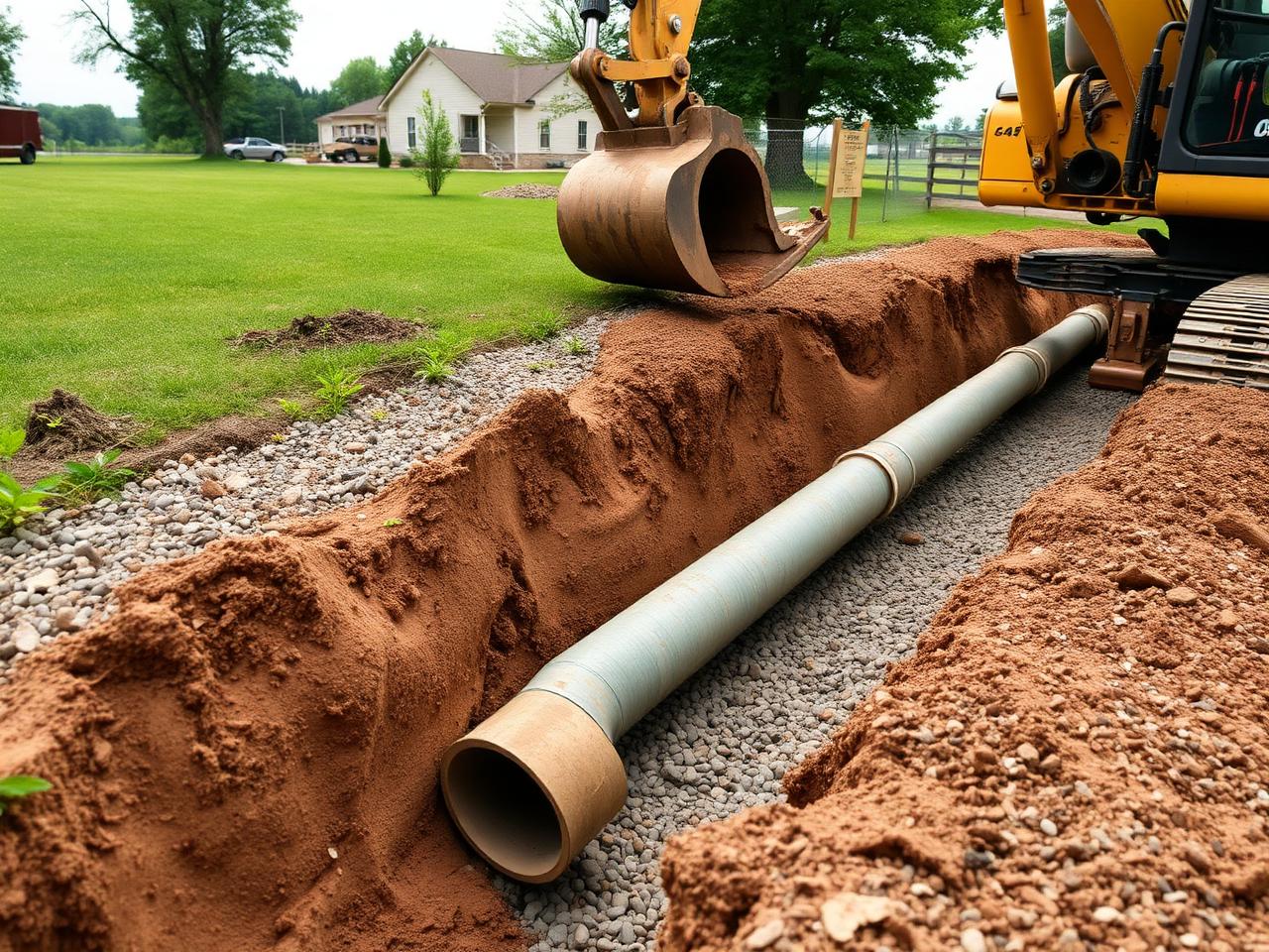 Open trench with new pipe bedded in gravel beside a rural home